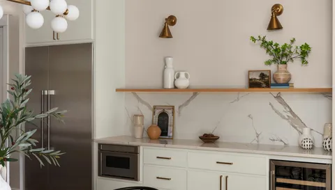 a kitchen with a potted plant on the counter and cabinets