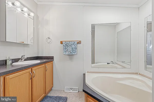 a bathroom with a granite countertop sink and a bathtub