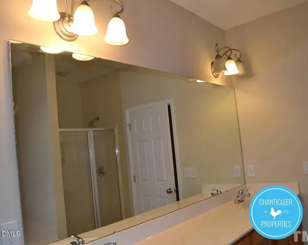 a bathroom with a sink a mirror and a shower