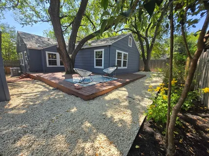a view of a yard with plants and large tree
