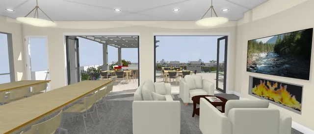 a living room with furniture and a dining table