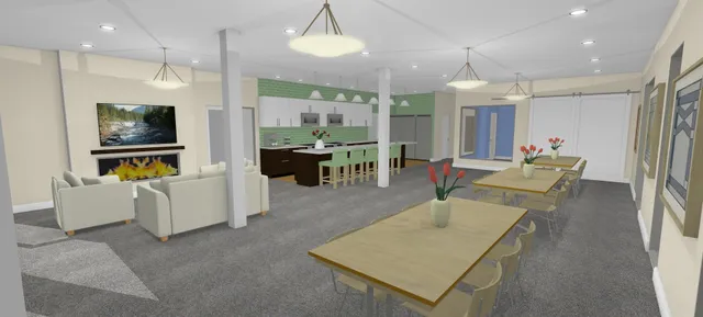 a view of a kitchen and dining area