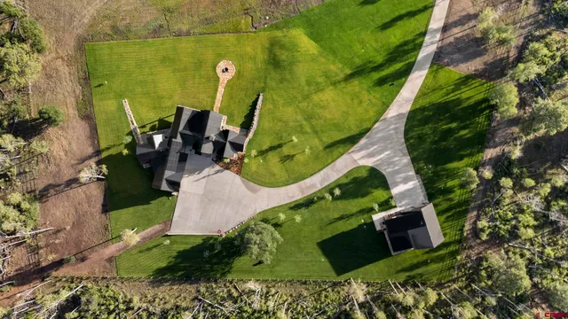 an aerial view of a swimming pool