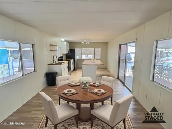a view of a dining room with furniture