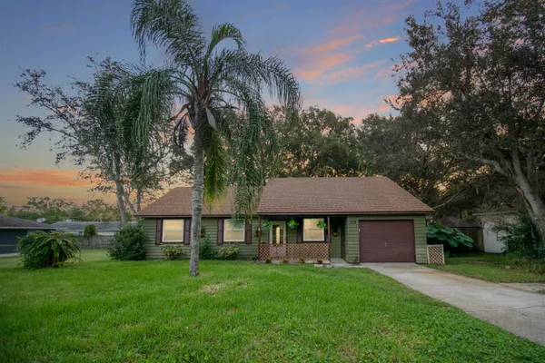 a view of a yard in front of a house with plants and large trees