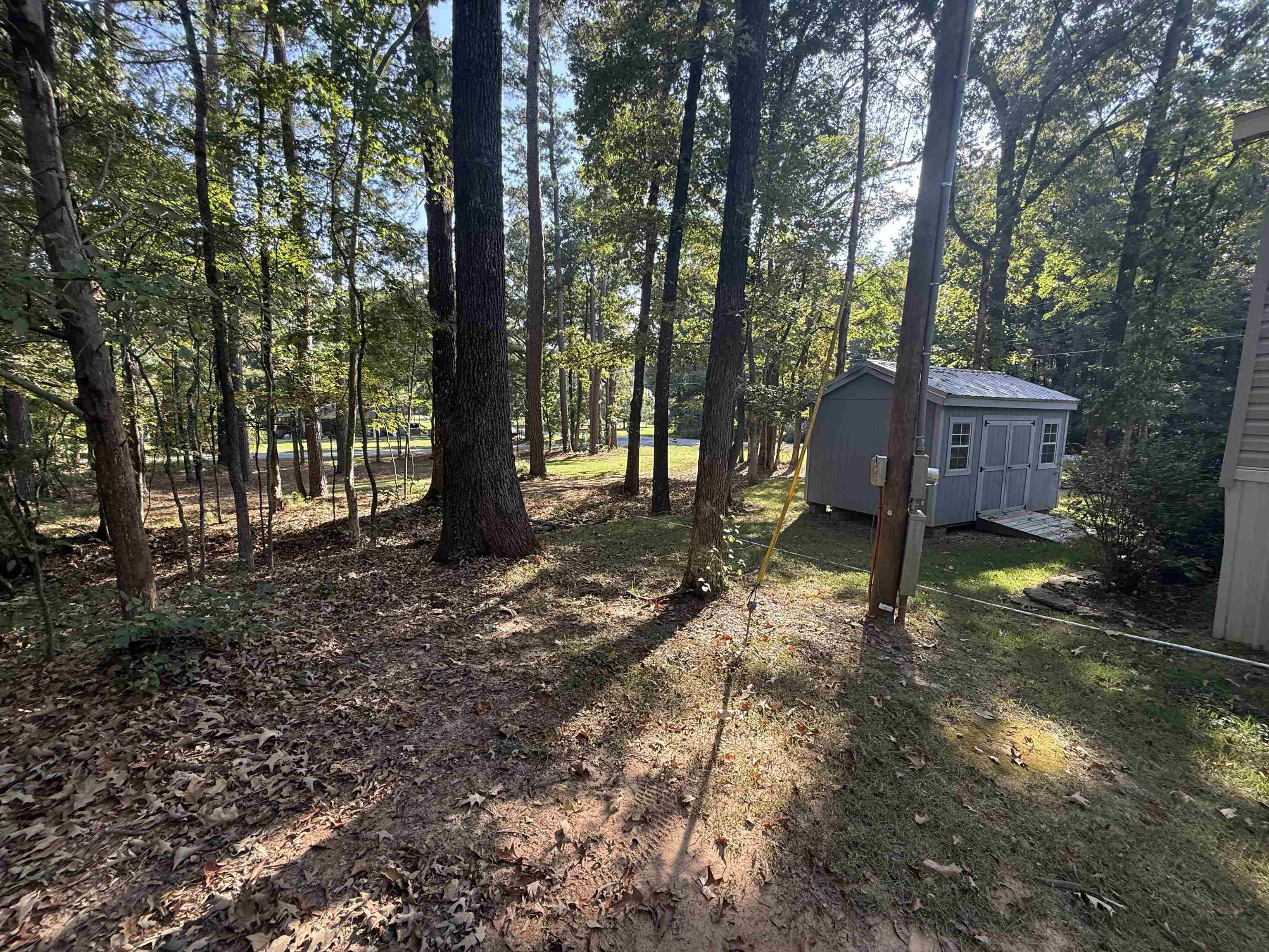 185 Pine Tree Road Moscow, TN 38057 - Photo 31 of 36 Wooded exterior with a detached storage shed featuring a gabled roof and double doors