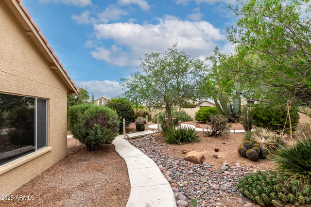 a view of a backyard with potted plants and large trees