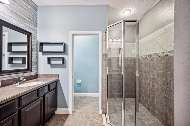 a bathroom with a shower sink and mirror