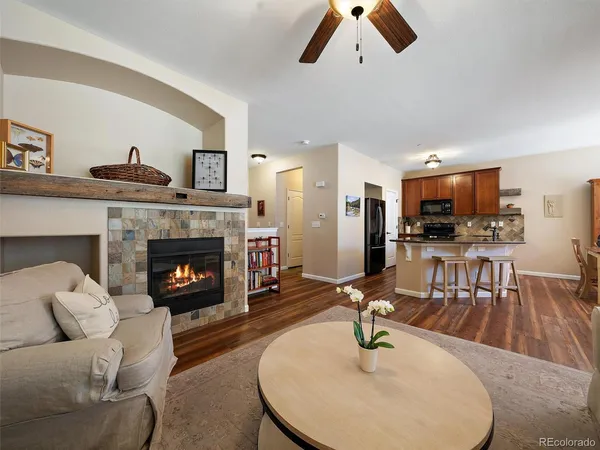 a living room with furniture and a fireplace