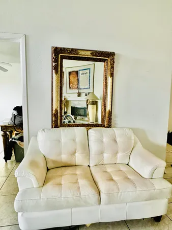 a living room with a couch and a potted plant
