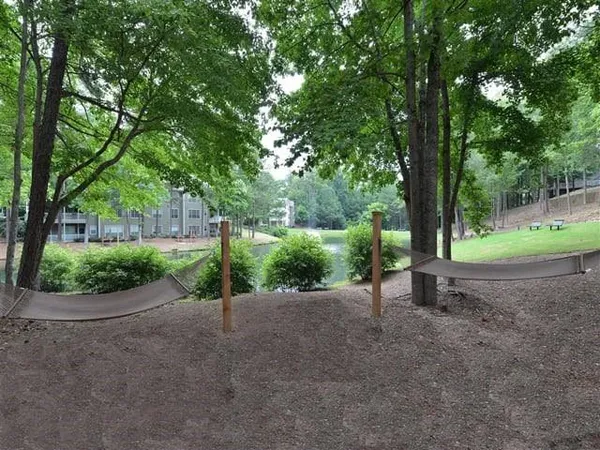 a view of a park with large trees
