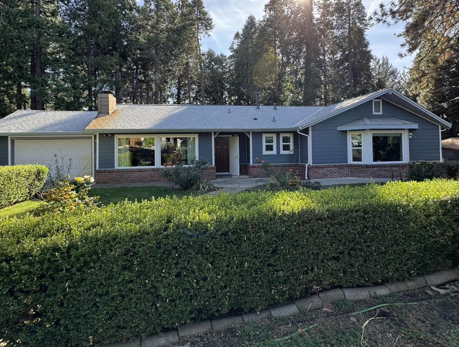 a front view of a house with yard and green space