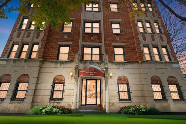 a front view of a brick building
