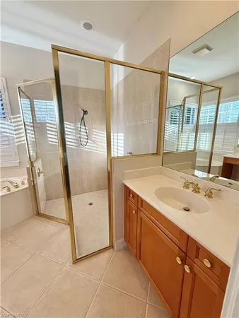 a bathroom with a sink a mirror and a shower