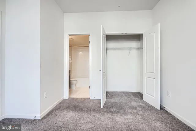 a view of an empty room with closet and closet