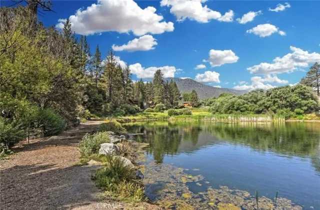 a view of a lake in between two chairs