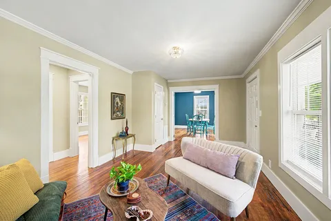a living room with furniture and a potted plant