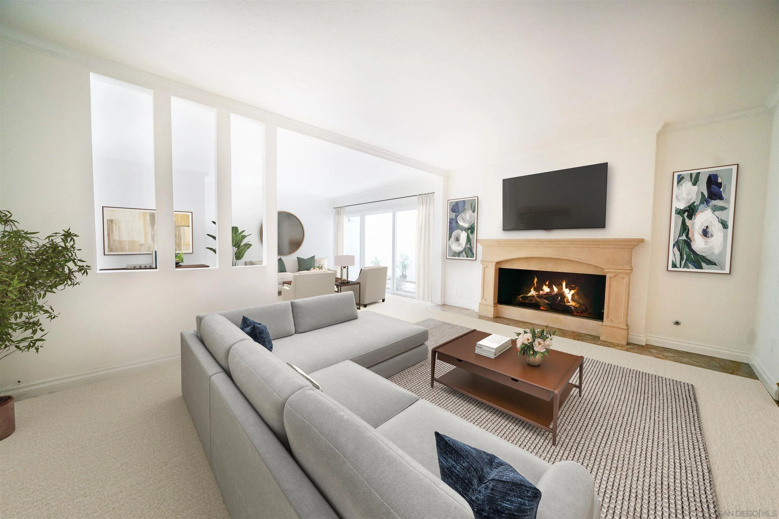 69 Half Moon Bend Coronado, CA 92118 - Photo 12 of 45 a living room with furniture fireplace and a large window