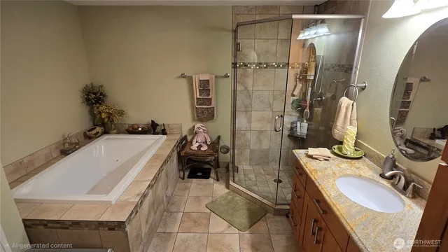a bathroom with a granite countertop sink a mirror and a bathtub