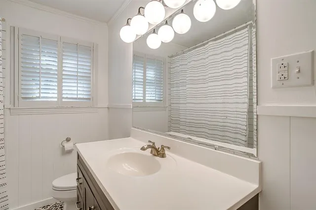 a bathroom with a sink a toilet and a mirror