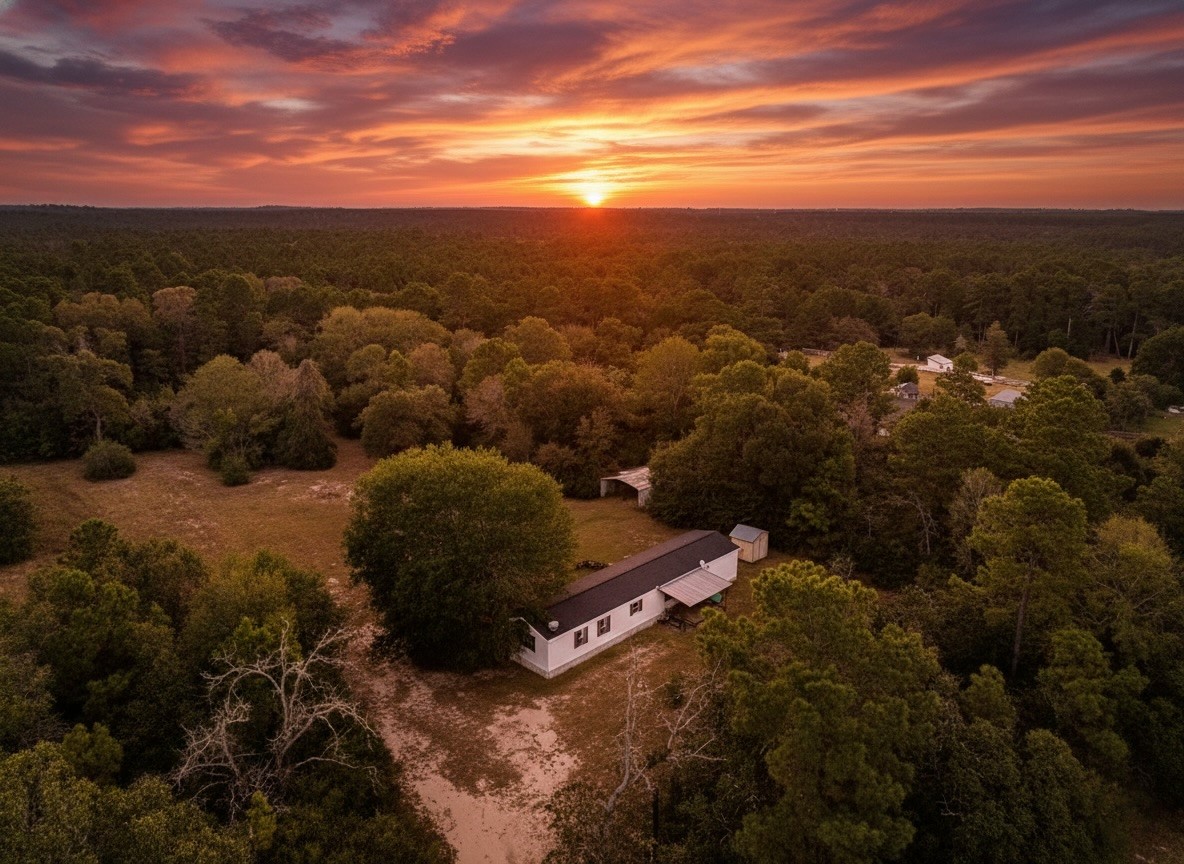 High-elevation sunset aerial capturing uninterrupted forest views and the expansive natural landscape surrounding 6493 Pappas Rd. This perspective underscores the long-term land value, minimal density, and the increasingly rare opportunity to own acreage within the growth path of the US-290 corridor.