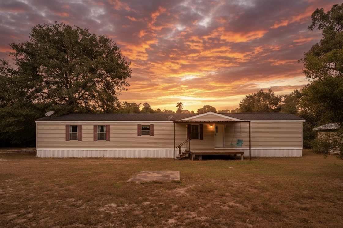 6493 Pappas Road Waller, TX 77484 - Photo 4 of 28 Sunset view of the front exterior of the 2007-built manufactured home on acreage, perfectly positioned for a 15-minute commute to Daikin Texas Technology Park.