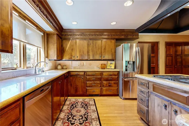 a kitchen with lots of counter top space