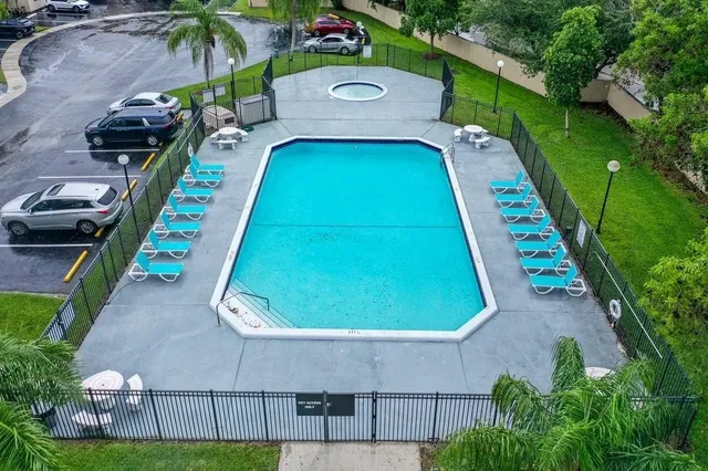 an aerial view of a backyard