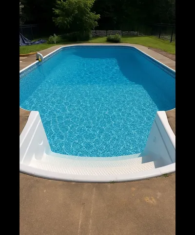 a view of a swimming pool with a yard