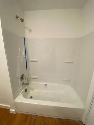 a bathroom with a bathtub