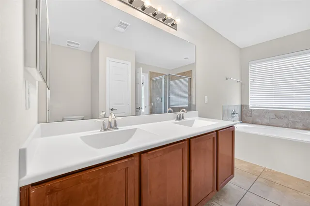 a bathroom with a sink double vanity granite tub shower and a mirror
