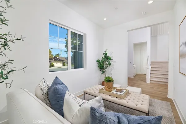 a living room with furniture and a potted plant