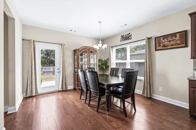 a view of a dining room with furniture window and wooden floor