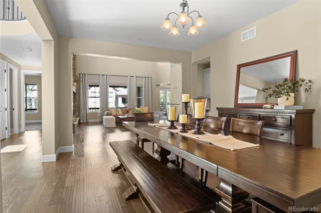 a view of a dining room with furniture wooden floor and a chandelier