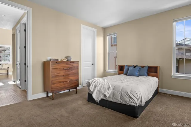 a bedroom with a bed and a cabinets