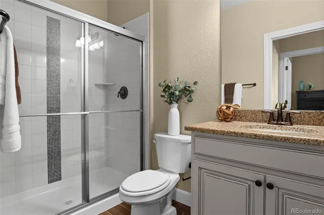 a bathroom with a granite countertop sink toilet and shower