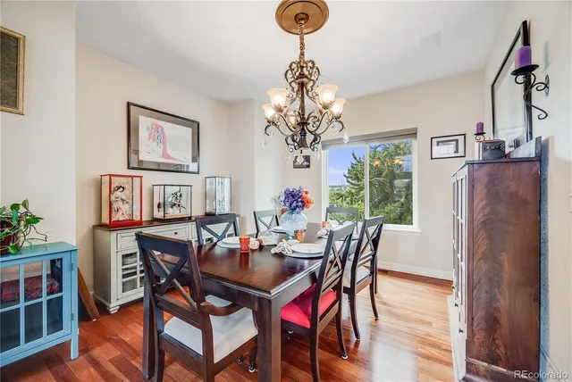a view of a dining room with furniture wooden floor and chandelier