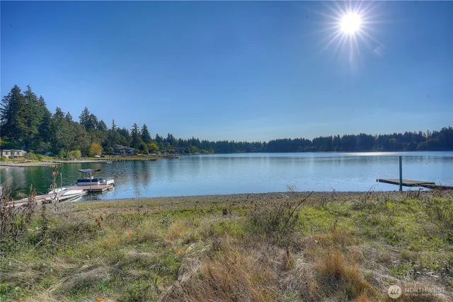 a view of a lake with houses in the background