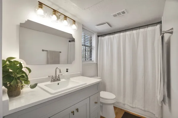 a bathroom with a double vanity sink toilet and a mirror