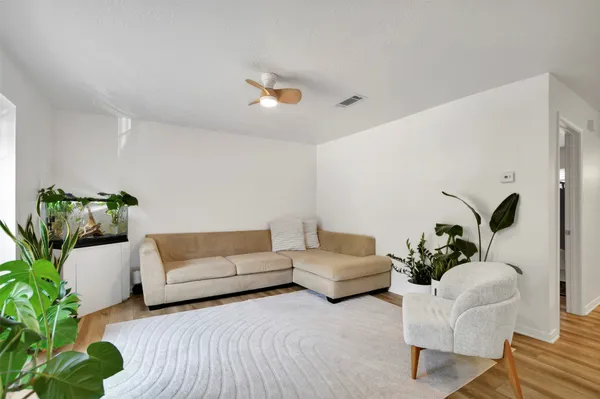 a living room with furniture and a potted plant