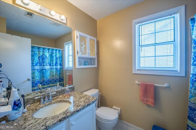 a bathroom with a granite countertop sink a mirror and a toilet