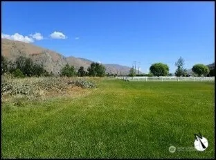 a view of a green field with an ocean