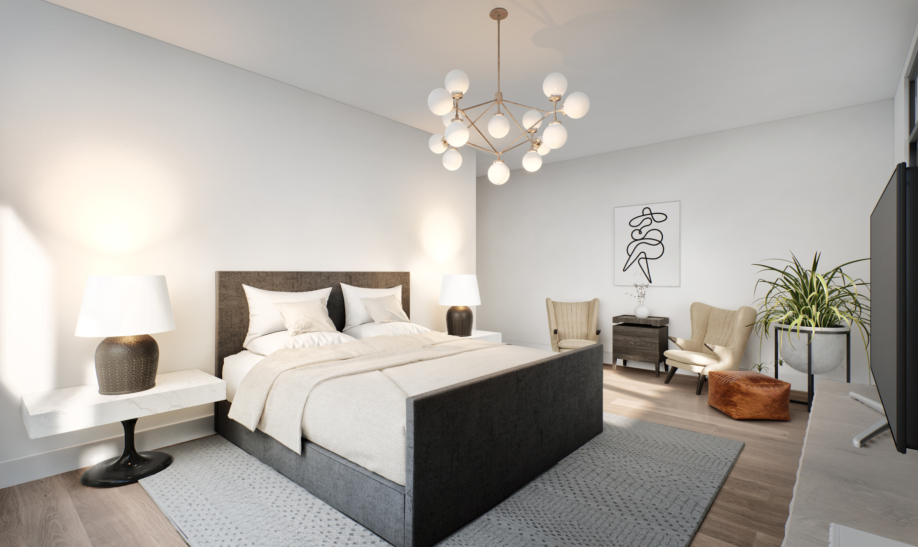1648 West Division Street, Unit 307 Chicago, IL 60622 - Photo 12 of 20 a bedroom with a bed and a chandelier