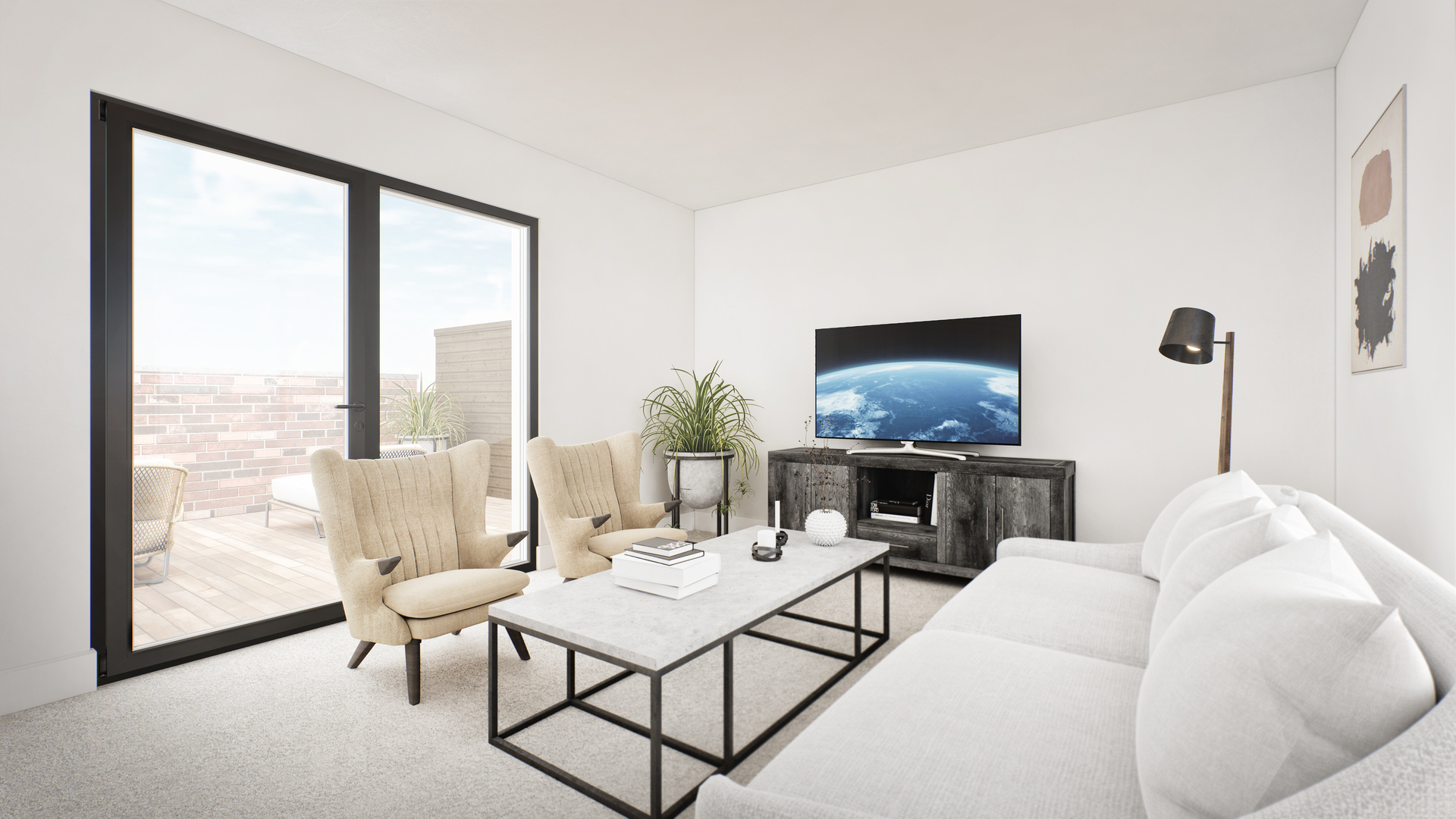 1648 West Division Street, Unit 307 Chicago, IL 60622 - Photo 15 of 20 a living room with furniture a flat screen tv and a floor to ceiling window