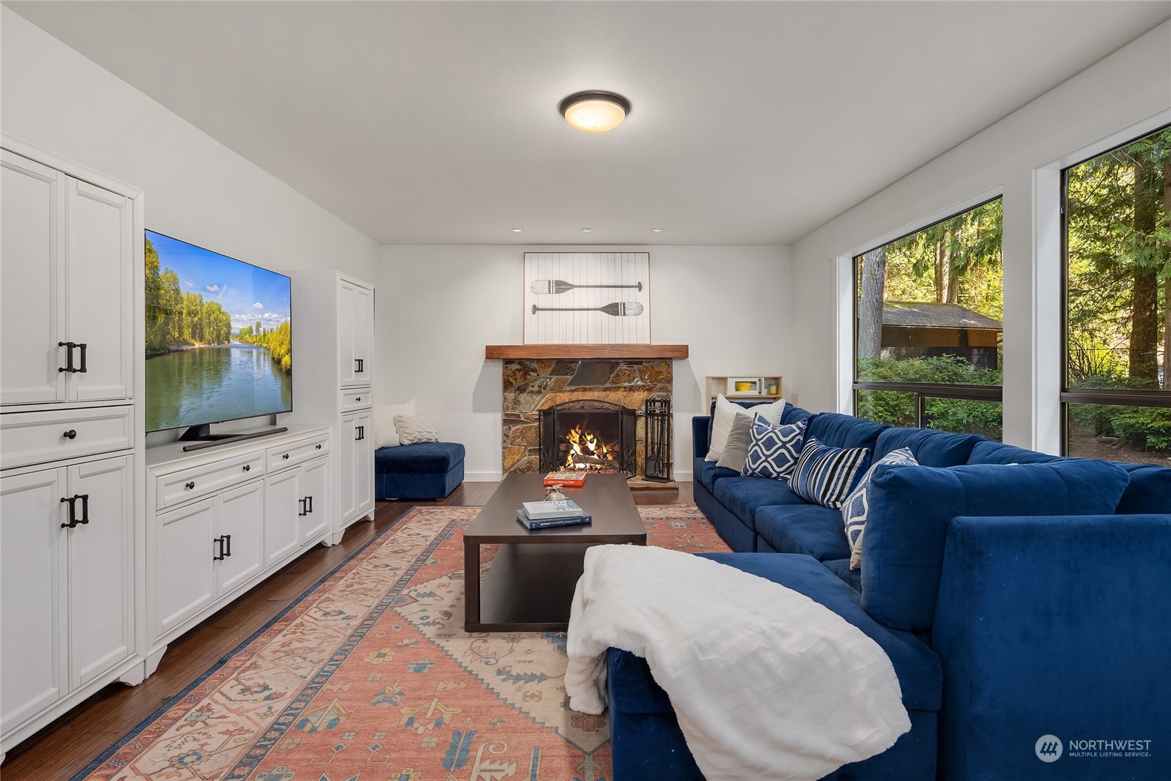6322 Lariat Loop Bainbridge Island, WA 98110 - Photo 16 of 40 a living room with furniture a flat screen tv and a fireplace