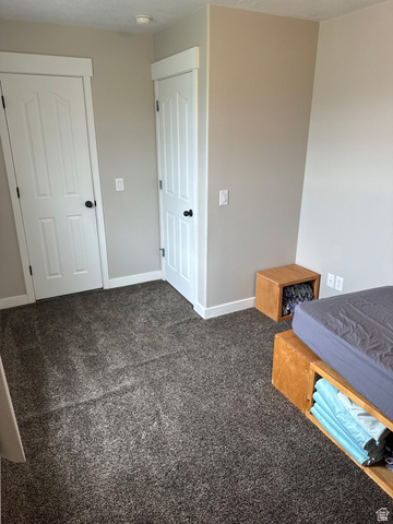 7481 Red Pine Road Eagle Mountain, UT 84005 - Photo 17 of 38 Carpeted bedroom room featuring two paneled doors with black hardware, neutral wall paint, and white trim
