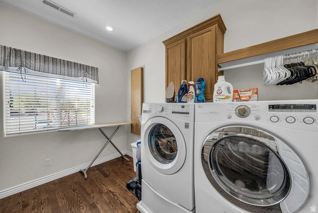 841 1010 S Street St. George, UT 84790 - Photo 10 of 33 Laundry room with washer and clothes dryer, dark wood finished floors, and cabinet space