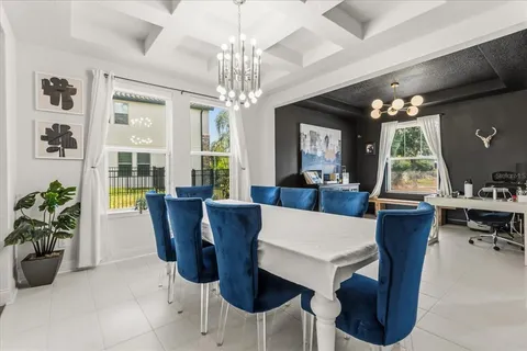 a view of a dining room with furniture window and outside view