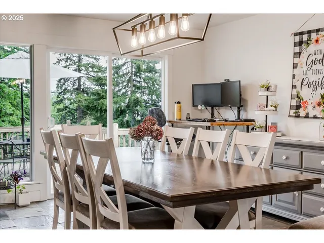 a dining room with furniture and window