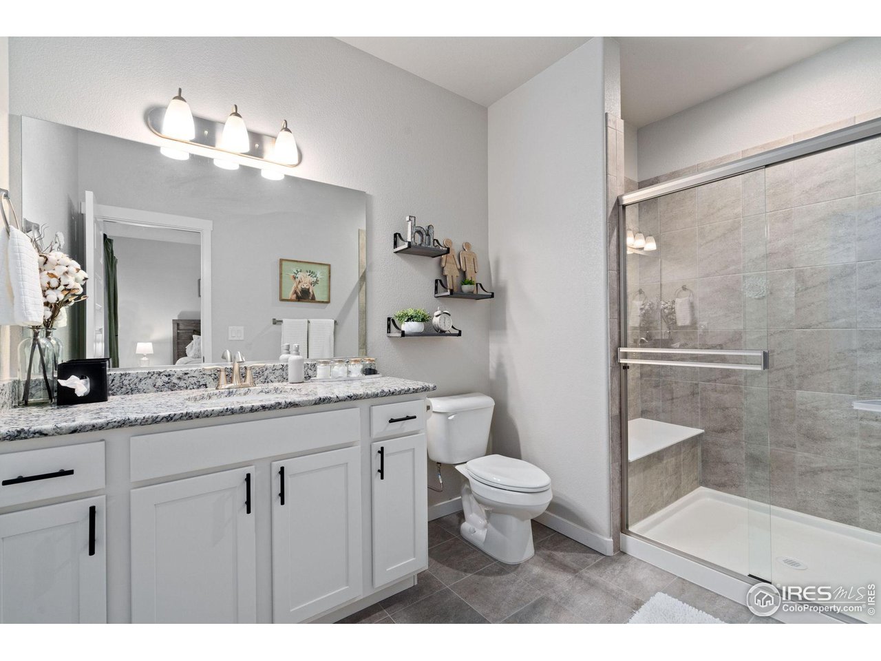 2167 First Light Court Windsor, CO 80550 - Photo 32 of 40 a bathroom with a granite countertop sink a toilet a mirror and shower